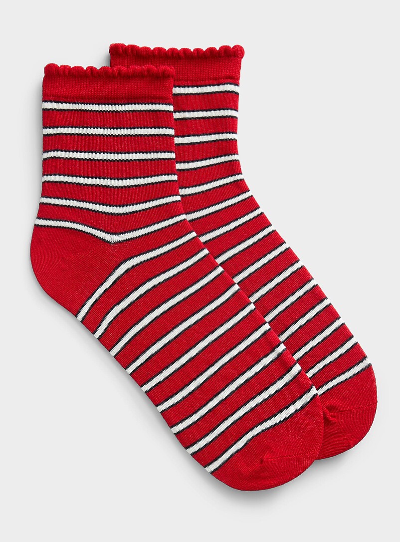 Scalloped-Hem Striped Ankle Socks