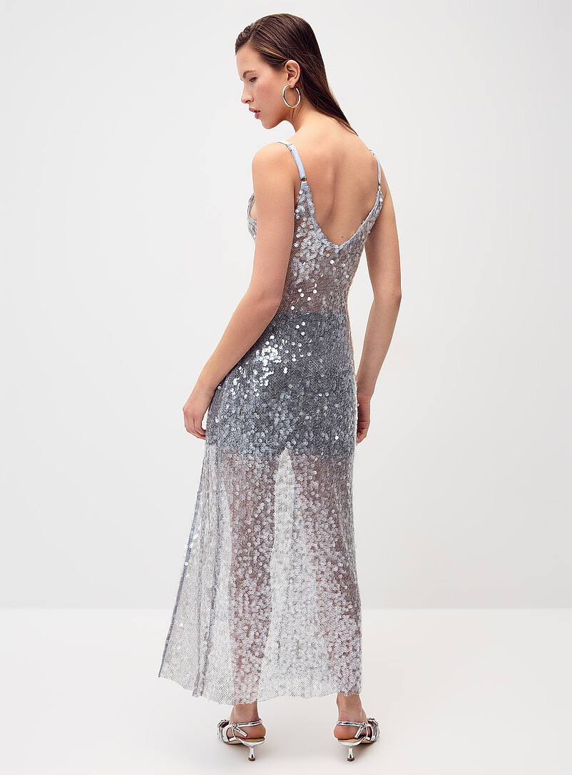 Twik Baby Blue Slit sequined mesh long cami for women