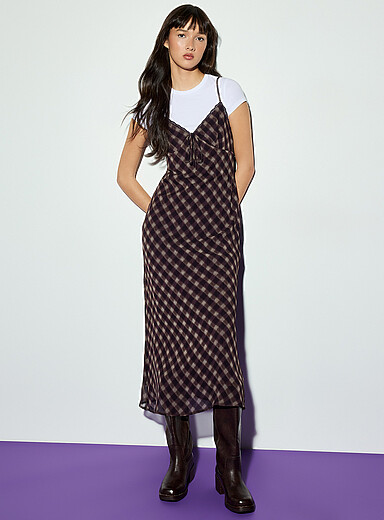 Twik Grape/Dark Crimson Plaid chiffon maxi dress for women