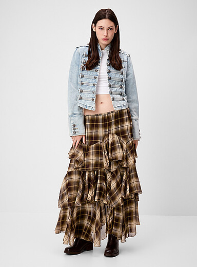 Twik Patterned Green Ruffled checkered tiered maxi skirt for women