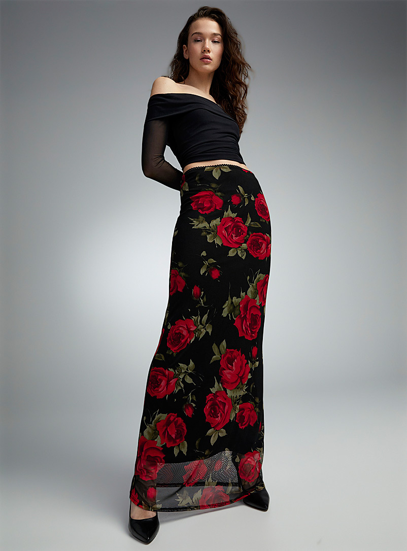 Twik Patterned Red Roses print mesh skirt for women