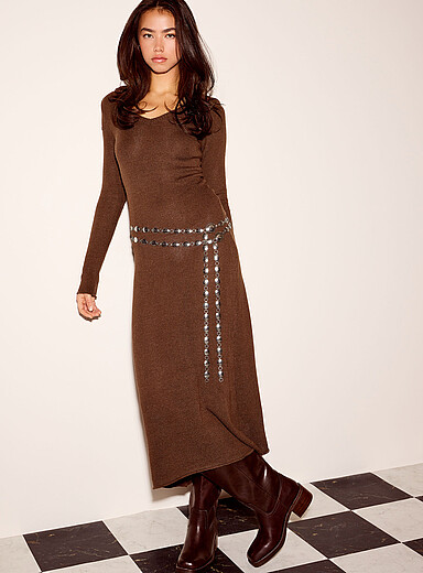 Twik: La robe maxi tricot &agrave; capuche Chocolat - Espresso pour femme