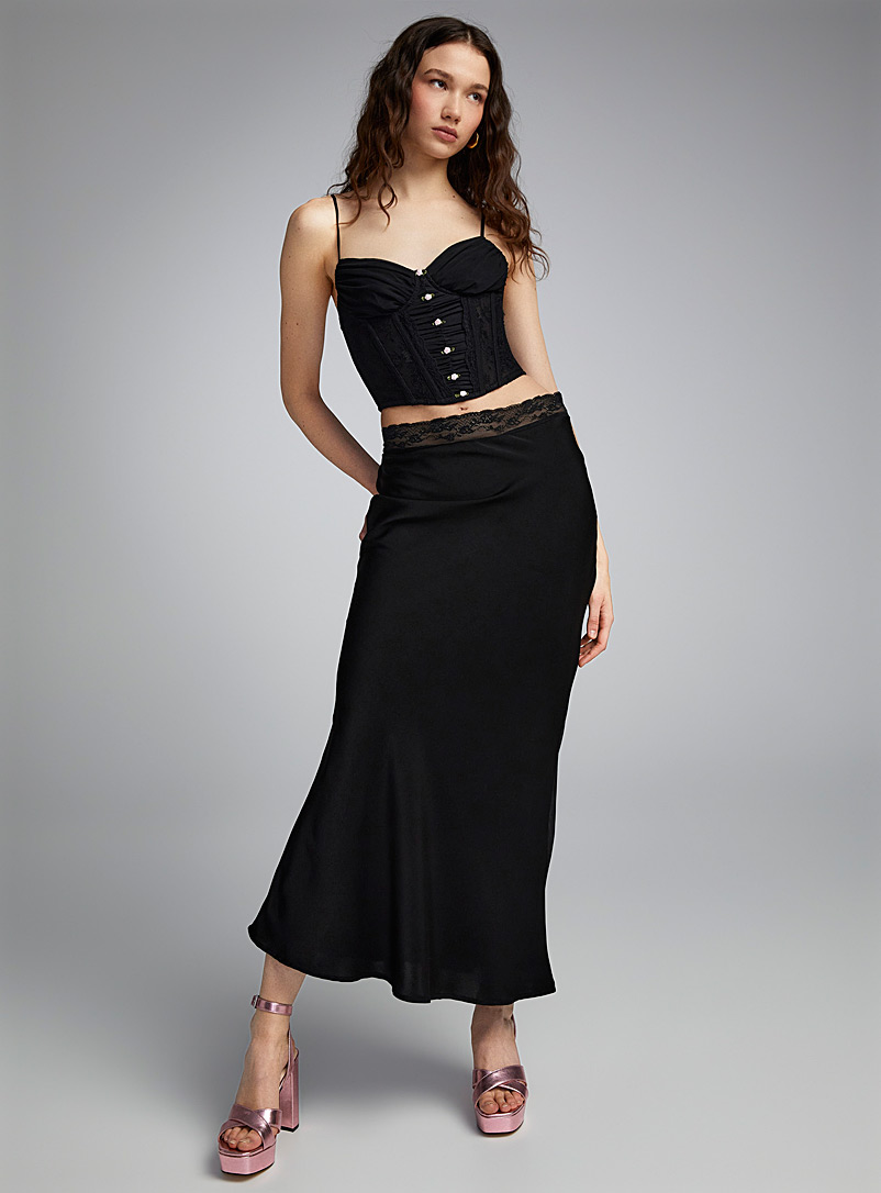 Twik Black Lace waist satiny skirt for women