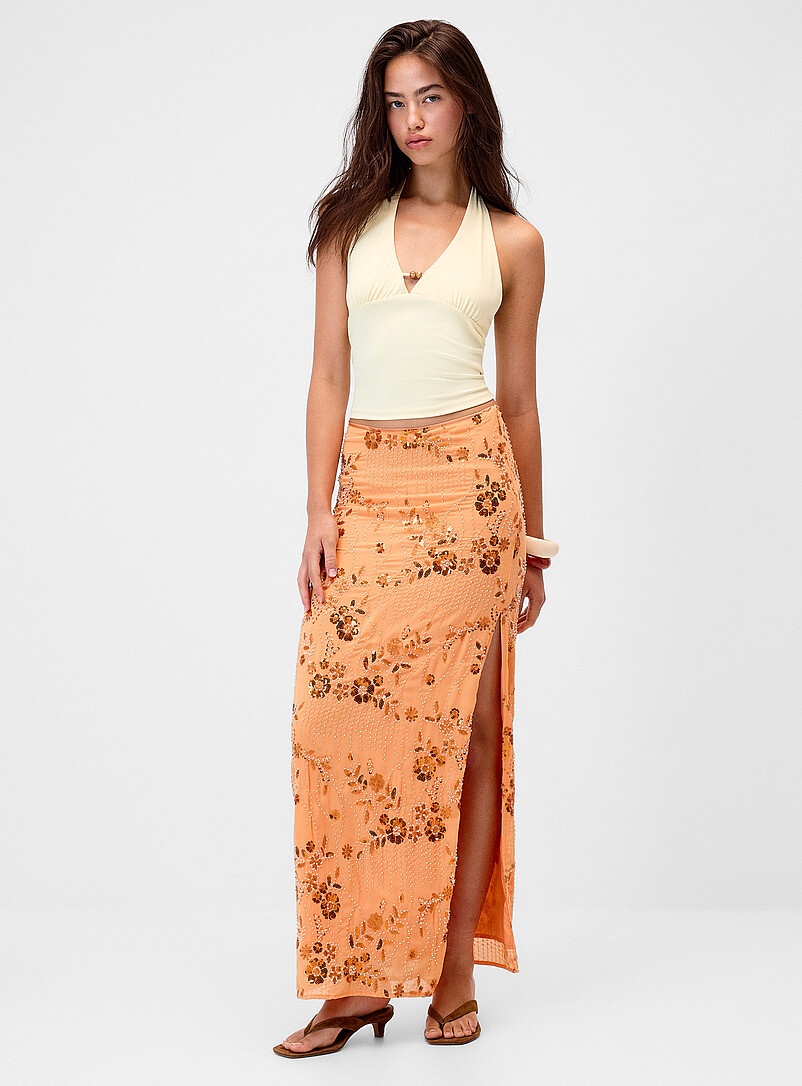 Orange floral sequin maxi skirt product image (primary)