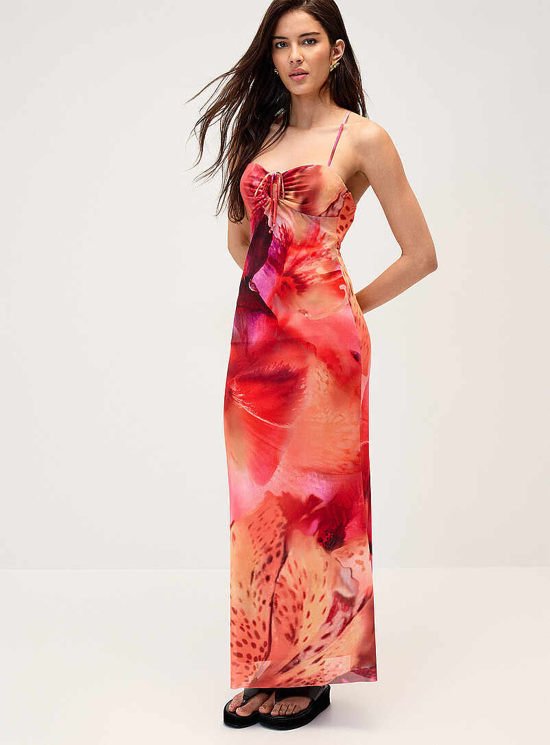 Tropical Flowers Mesh Maxi Dress