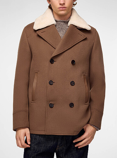Mackage Brown Cole shearling collar double-breasted peacoat for men