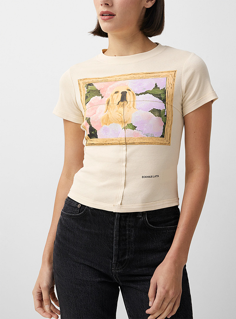 Eckhaus Latta: Le t-shirt court coutures retournées Beige crème pour femme