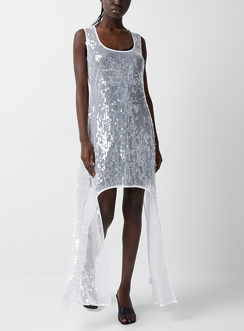 Eckhaus Latta: La robe superposée à paillettes Argent pour femme