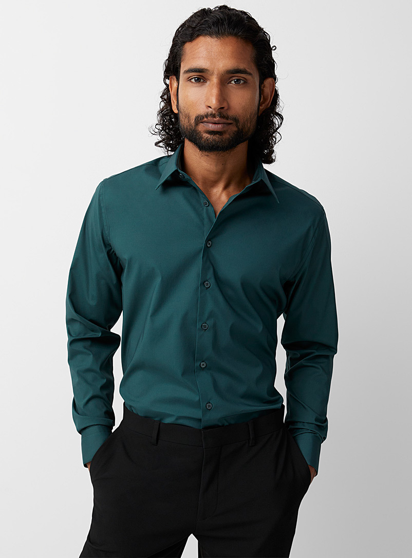 Le 31: La chemise monochrome extensible Coupe moderne Vert foncé-mousse-olive pour homme