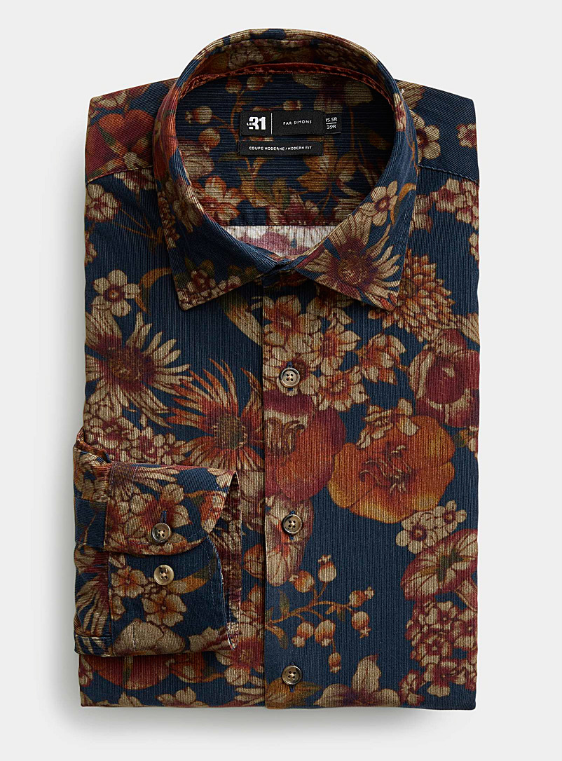 Le 31 Marine Blue Floral tapestry micro-ribbed corduroy shirt Modern fit for men