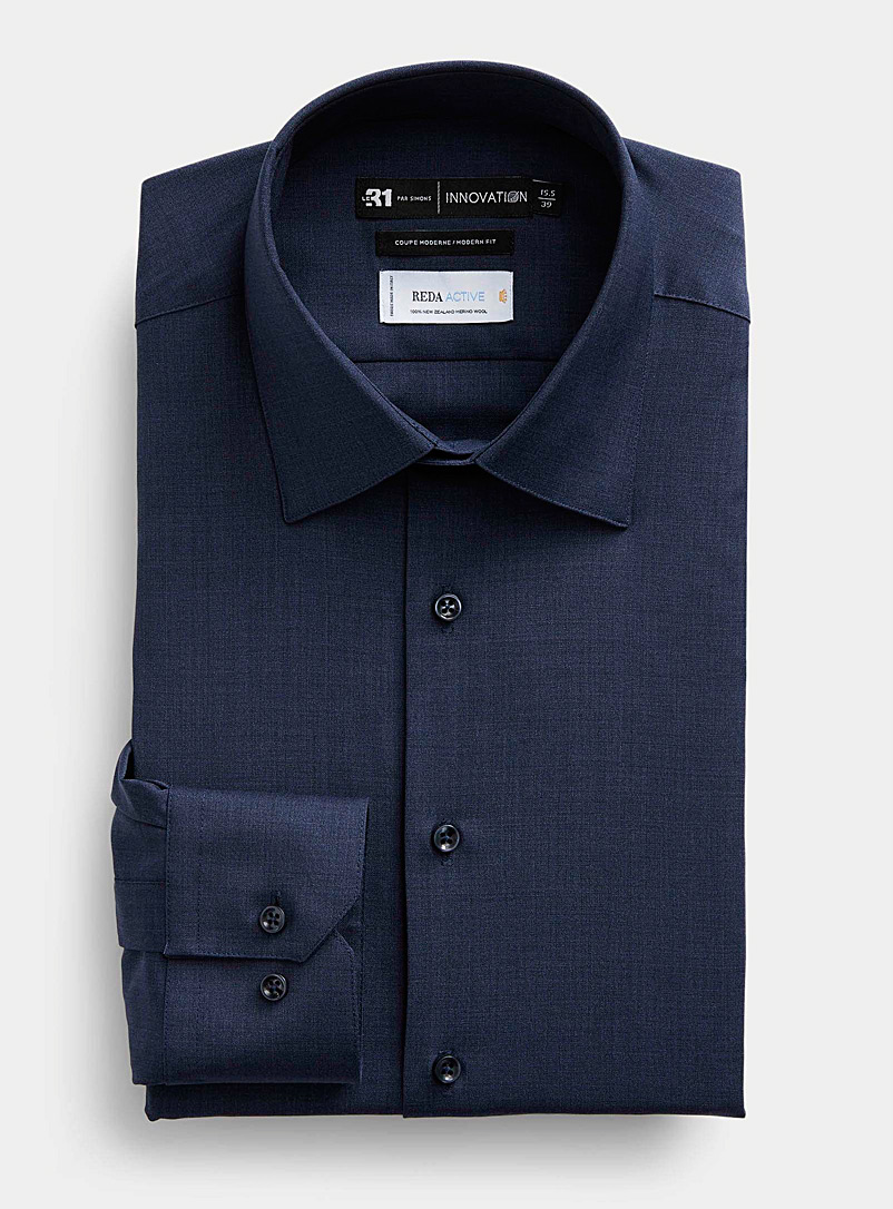 Le 31: La chemise pure laine mérinos Coupe moderne <b>Collection Innovation</b> Bleu marine - Bleu nuit pour homme