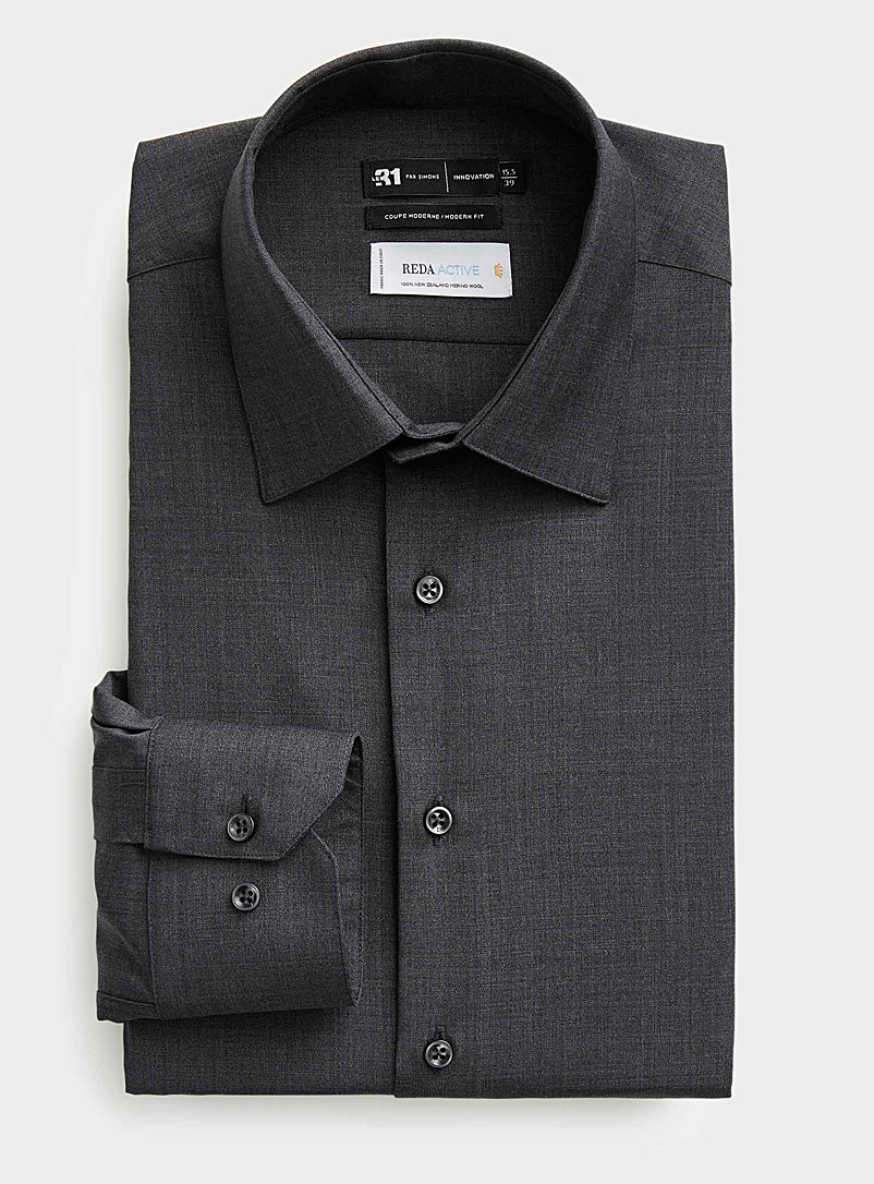 Le 31: La chemise pure laine mérinos Coupe moderne <b>Collection Innovation</b> Gris ardoise pour homme