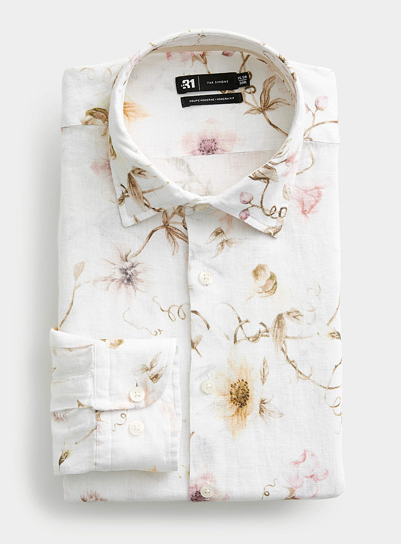 Le 31: La chemise pur lin fleurs coupées Coupe moderne Sable pour homme
