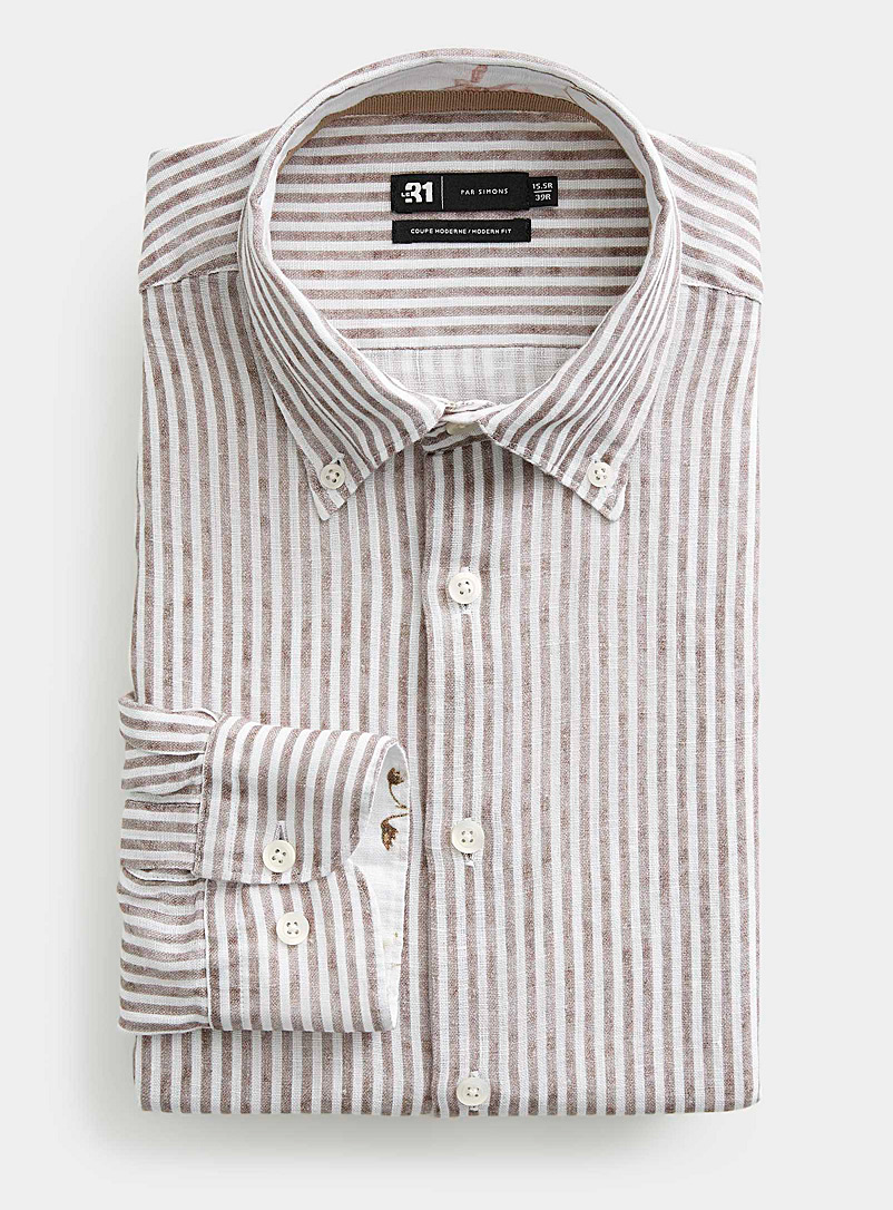 Le 31 Patterned White 100% linen striped shirt Modern fit for men
