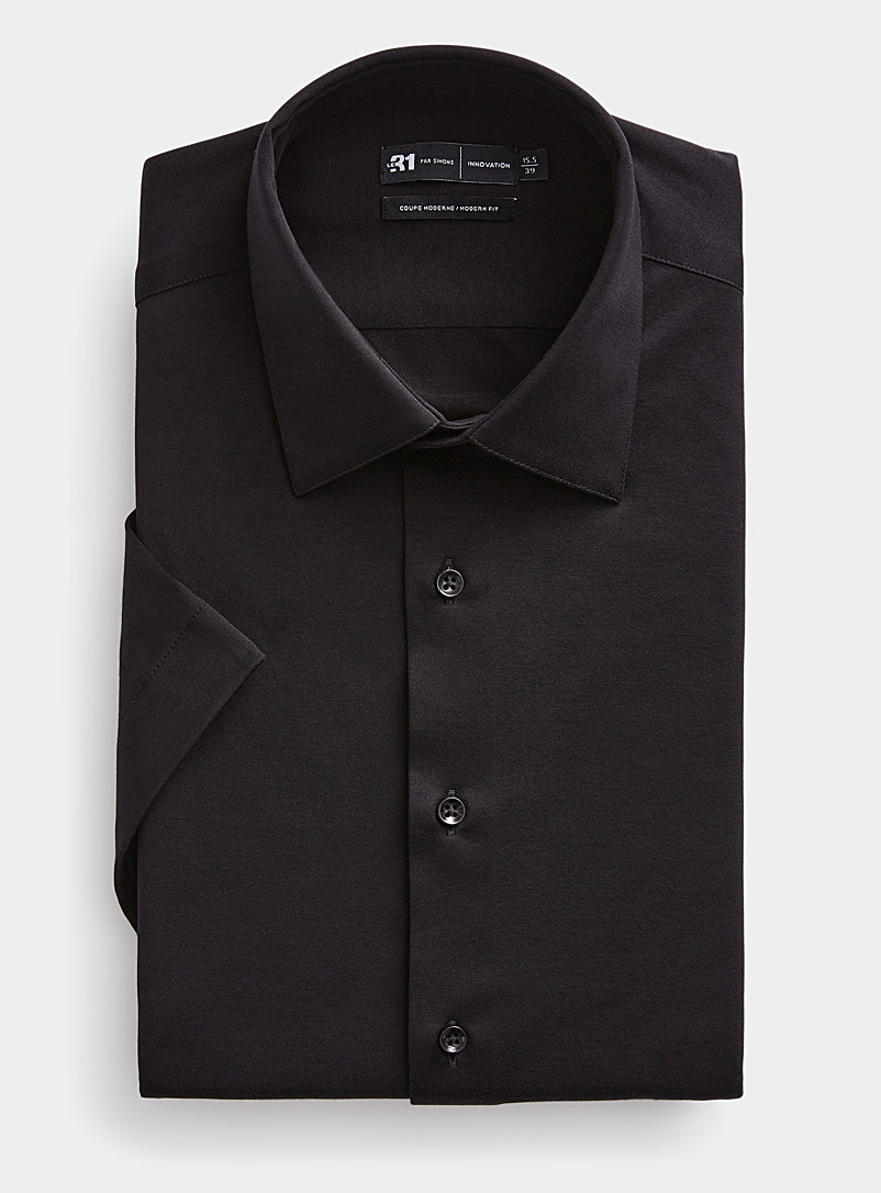 Le 31 Black Solid washable knit short-sleeve shirt Modern fit Innovation collection for men
