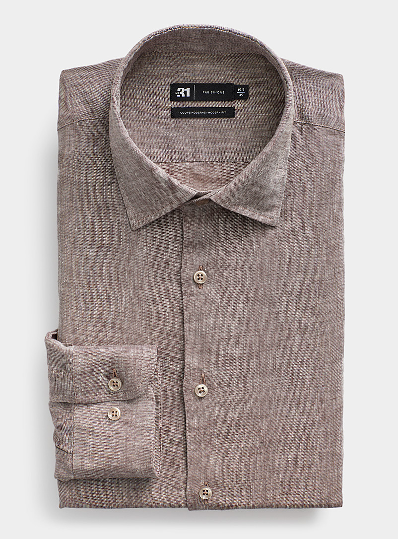 Le 31 Brown Solid pure linen shirt Modern fit for men