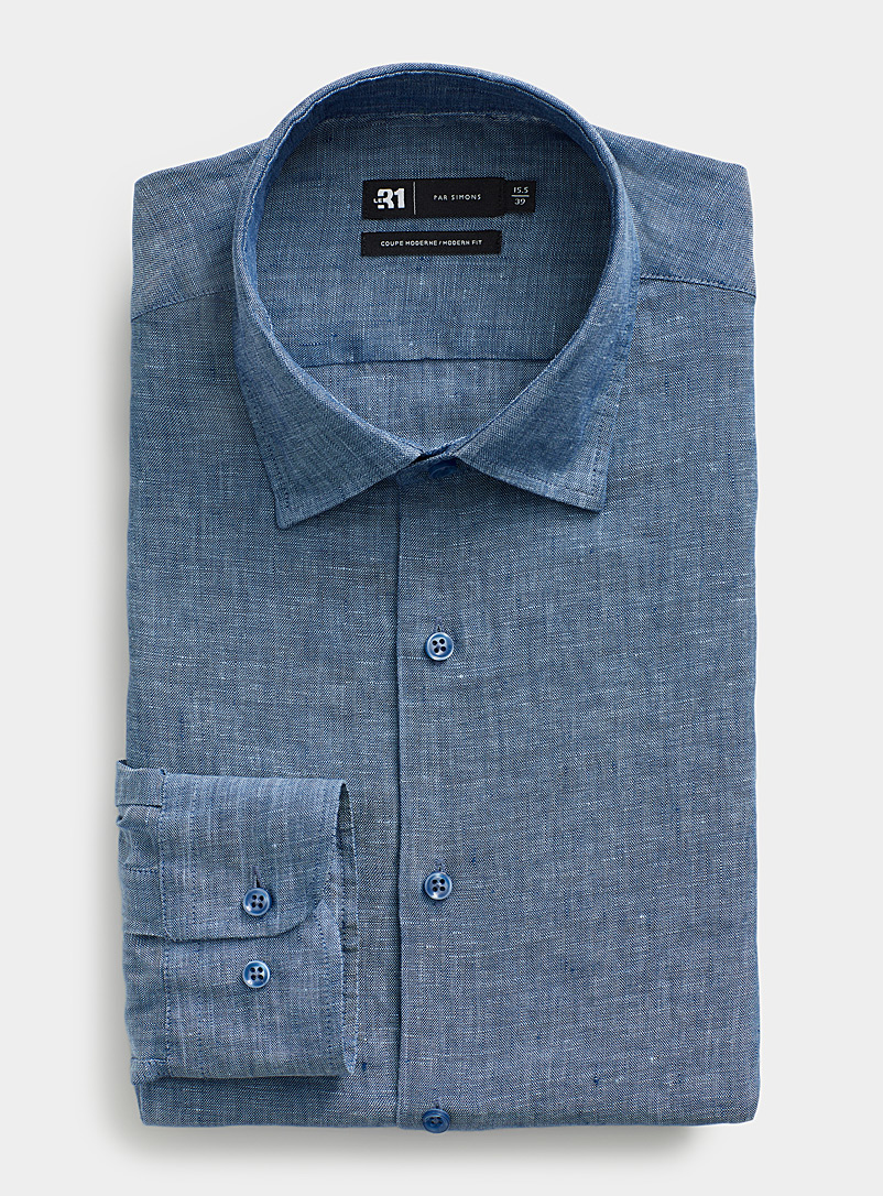 Le 31 Blue Solid pure linen shirt Modern fit for men