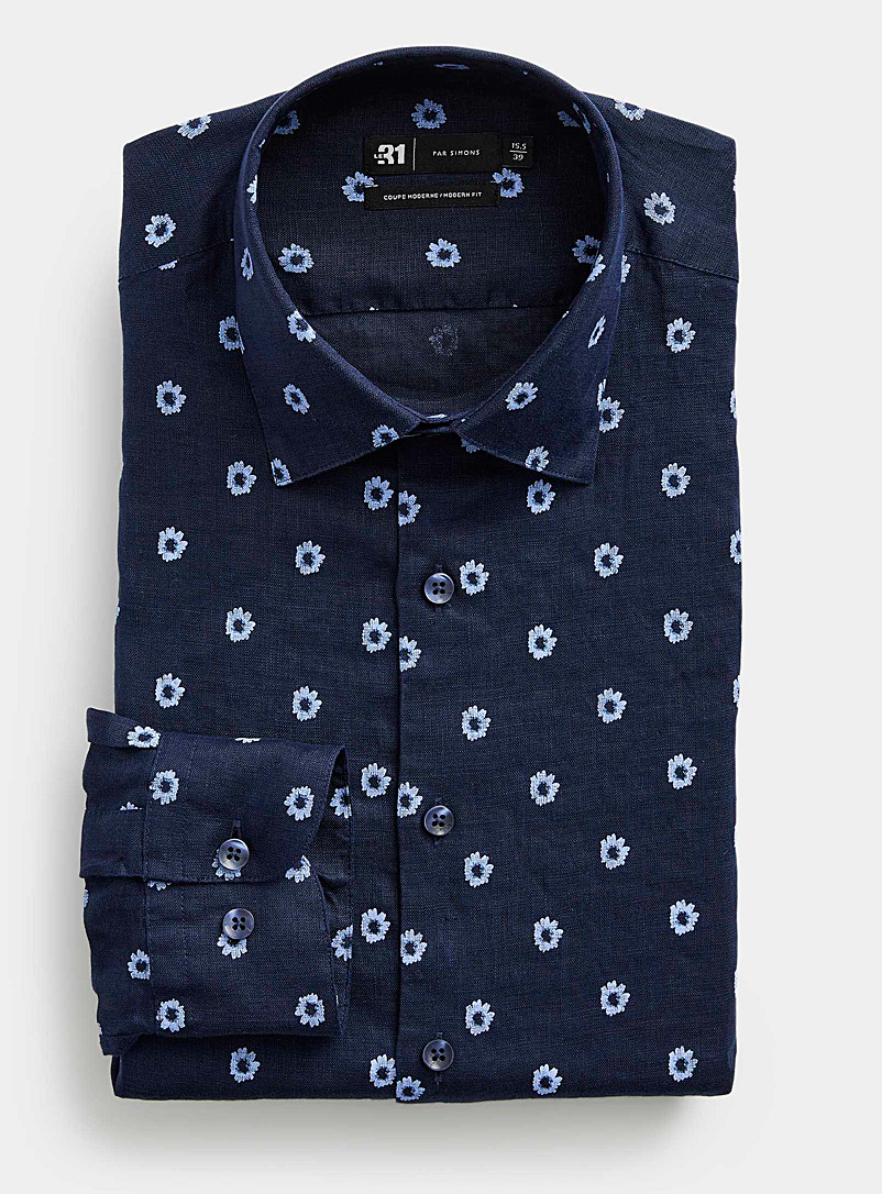 Le 31 Patterned Blue Blue daisy pure linen shirt Modern fit for men