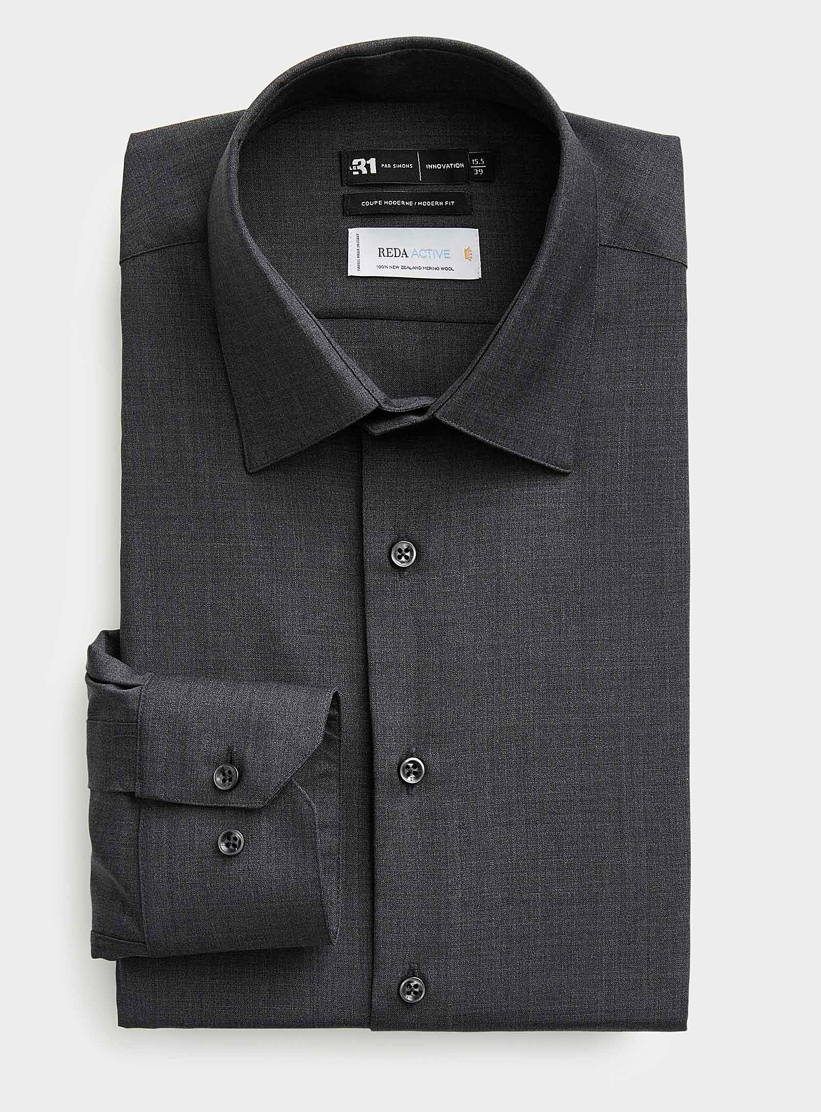 Le 31 Pure Merino Wool Shirt Modern Fit Innovation Collection In Dark Grey