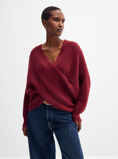 Contemporaine Burgundy Crossover-style fuzzy sweater for women