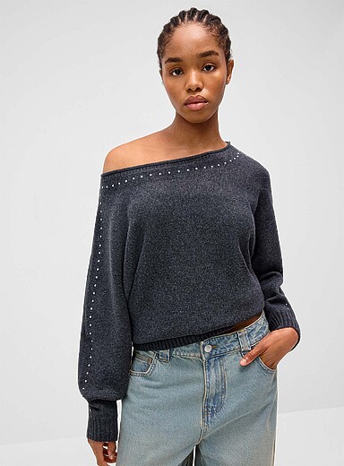 Twik Slate Grey Studded boat-neck sweater for women