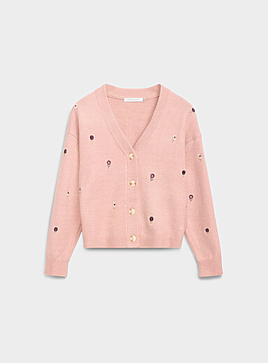 Contemporaine: Le cardigan bross&eacute; petites fleurs brod&eacute;es Vieux rose pour femme