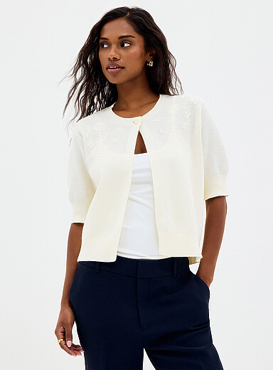 Tone-on-tone embroidery open cardigan