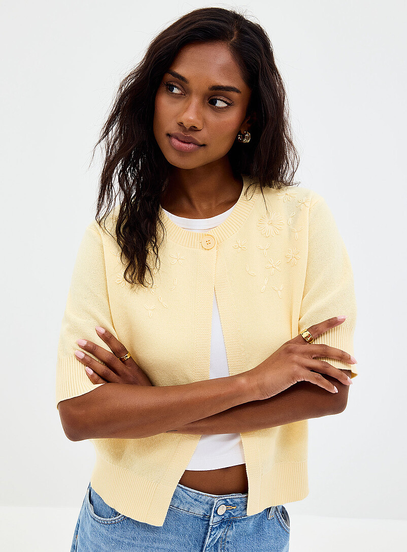 Contemporaine: Le cardigan ouvert broderie ton sur ton Vieux rose pour femme