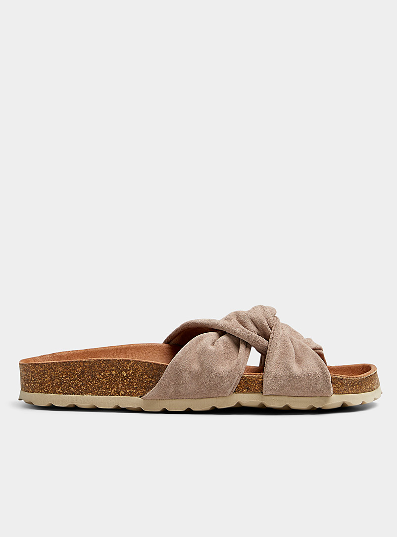 Simons Light Brown Knotted strap suede slides Women for women
