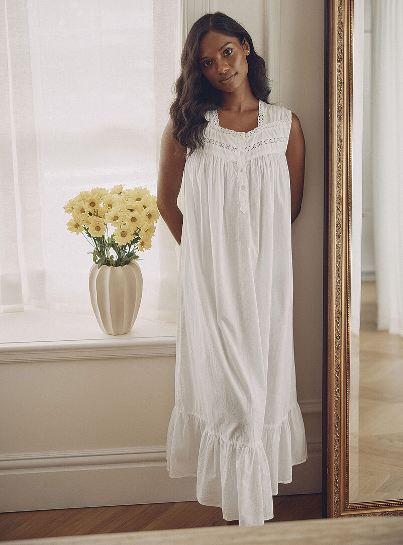 Crocheted-accent poplin long nightgown product image (primary)