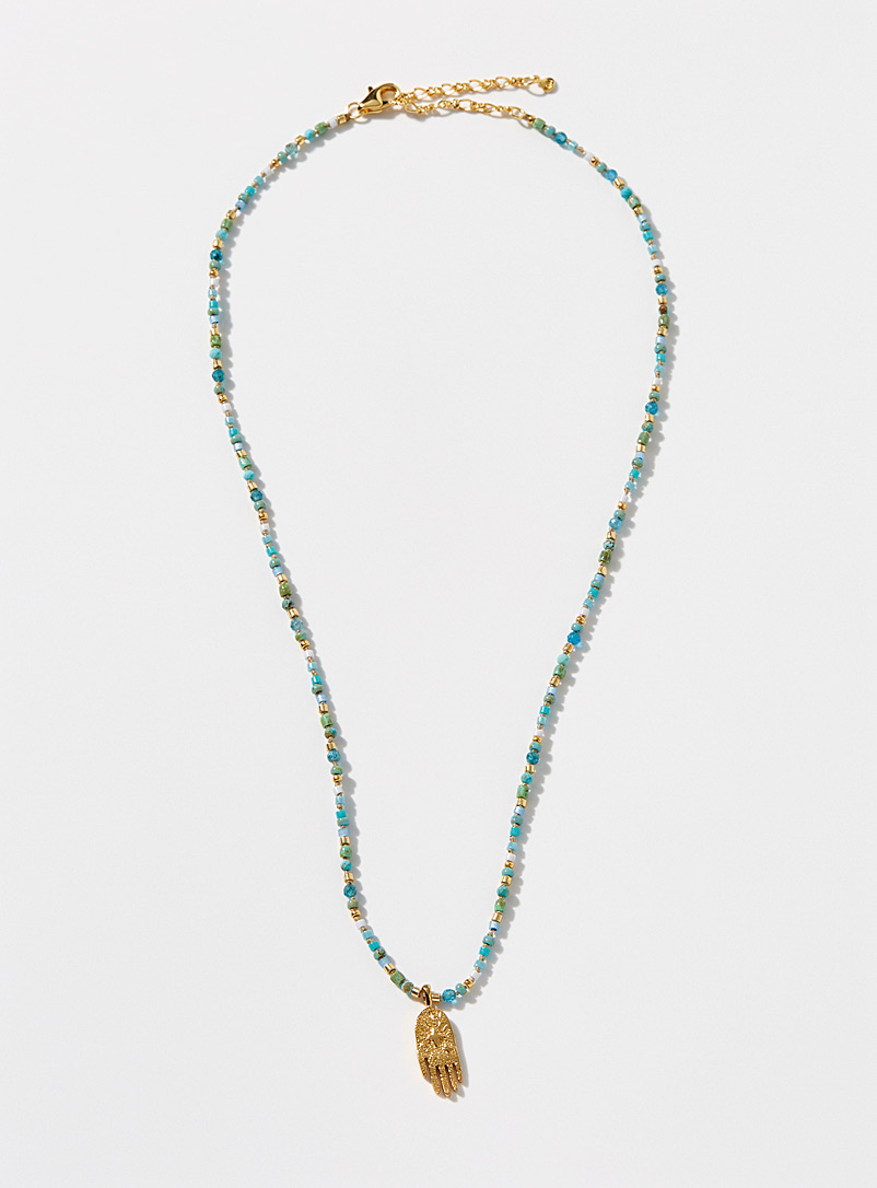 Tai Patterned Blue Hand of Fatima bead necklace for women