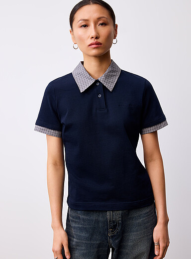 Sams&oslash;e  Sams&oslash;e Navy/Midnight Blue Sadonella checkered trim polo shirt for women