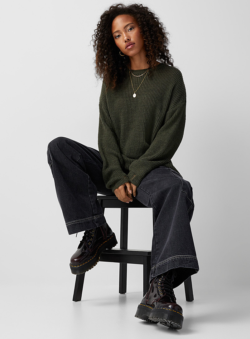 Twik Mossy Green Distressed-trim crew-neck sweater for women