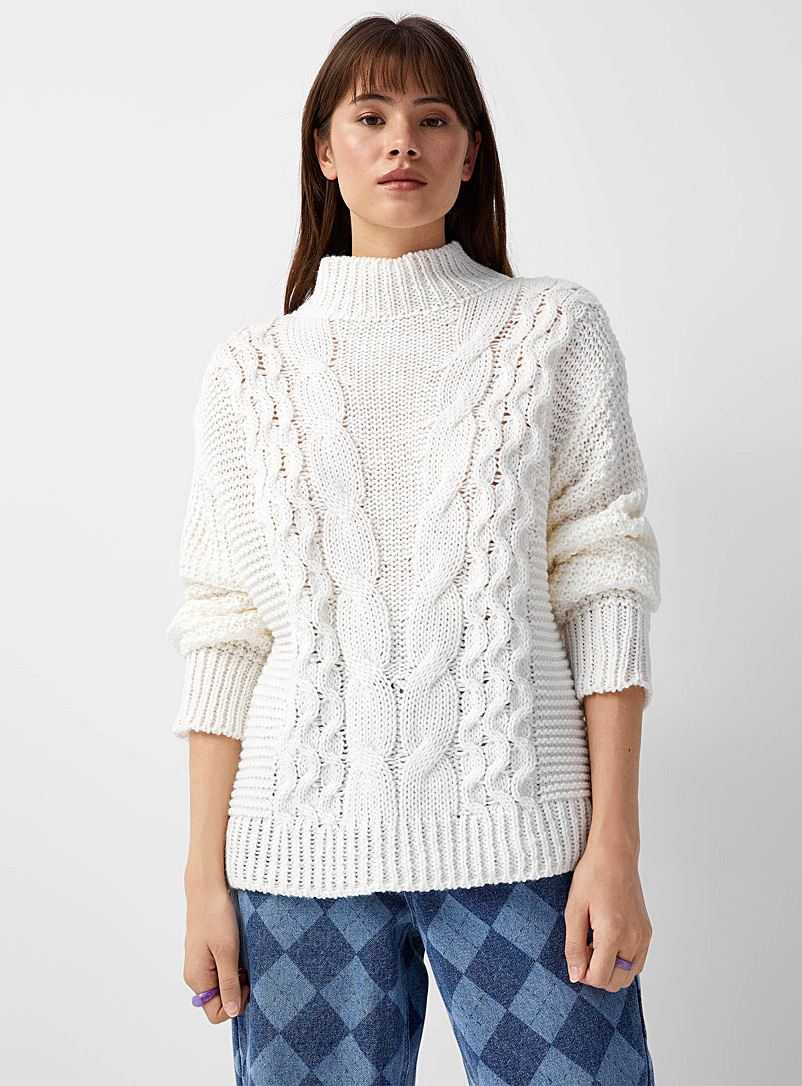 Twik White Cable-knit mock neck sweater for women
