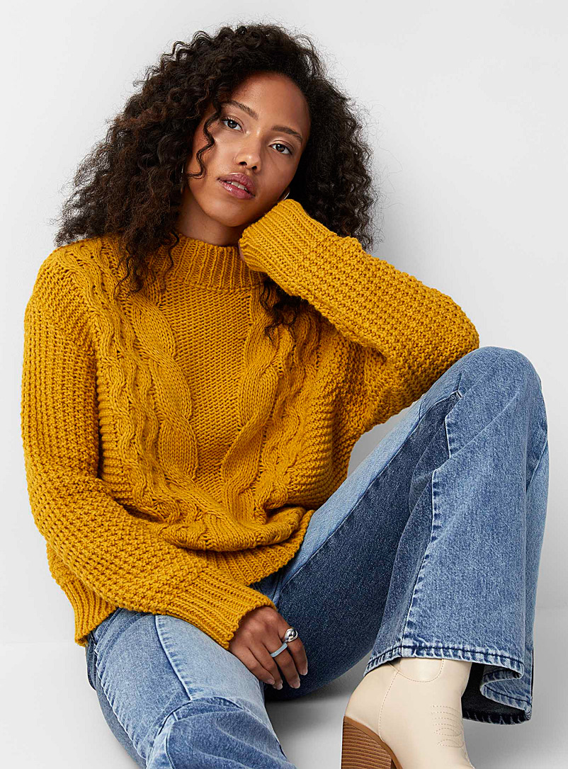 Twik Dark Yellow Cable-knit mock neck sweater for women