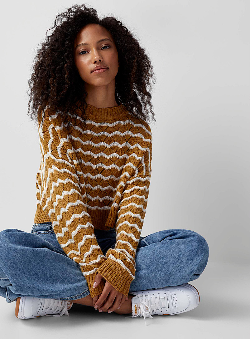 Twik Patterned Yellow Pointelle and waves cropped sweater for women