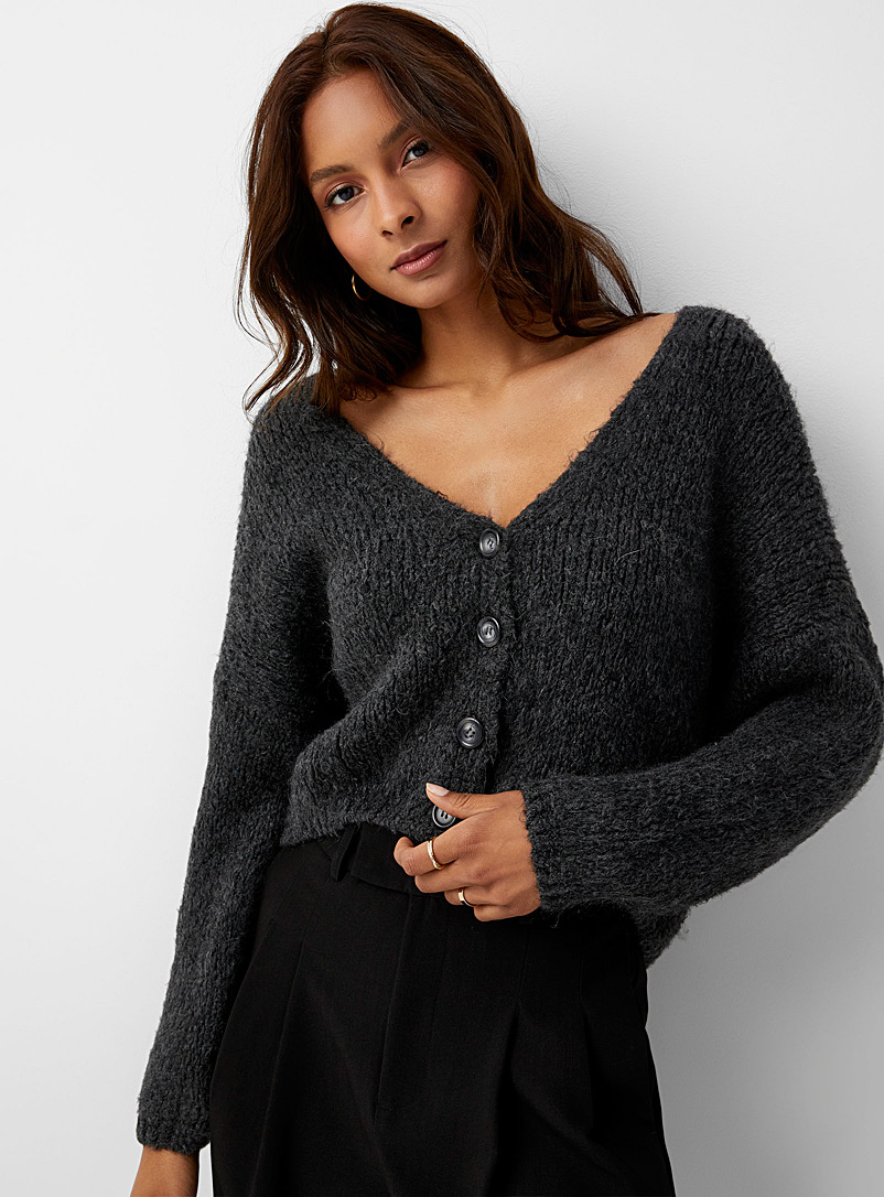 Icône Charcoal V-neck cardigan with a touch of wool for women