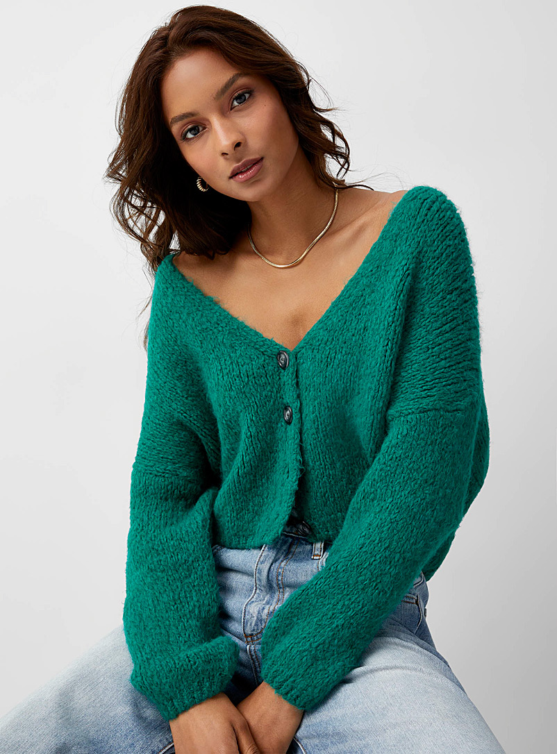Icône Green V-neck cardigan with a touch of wool for women