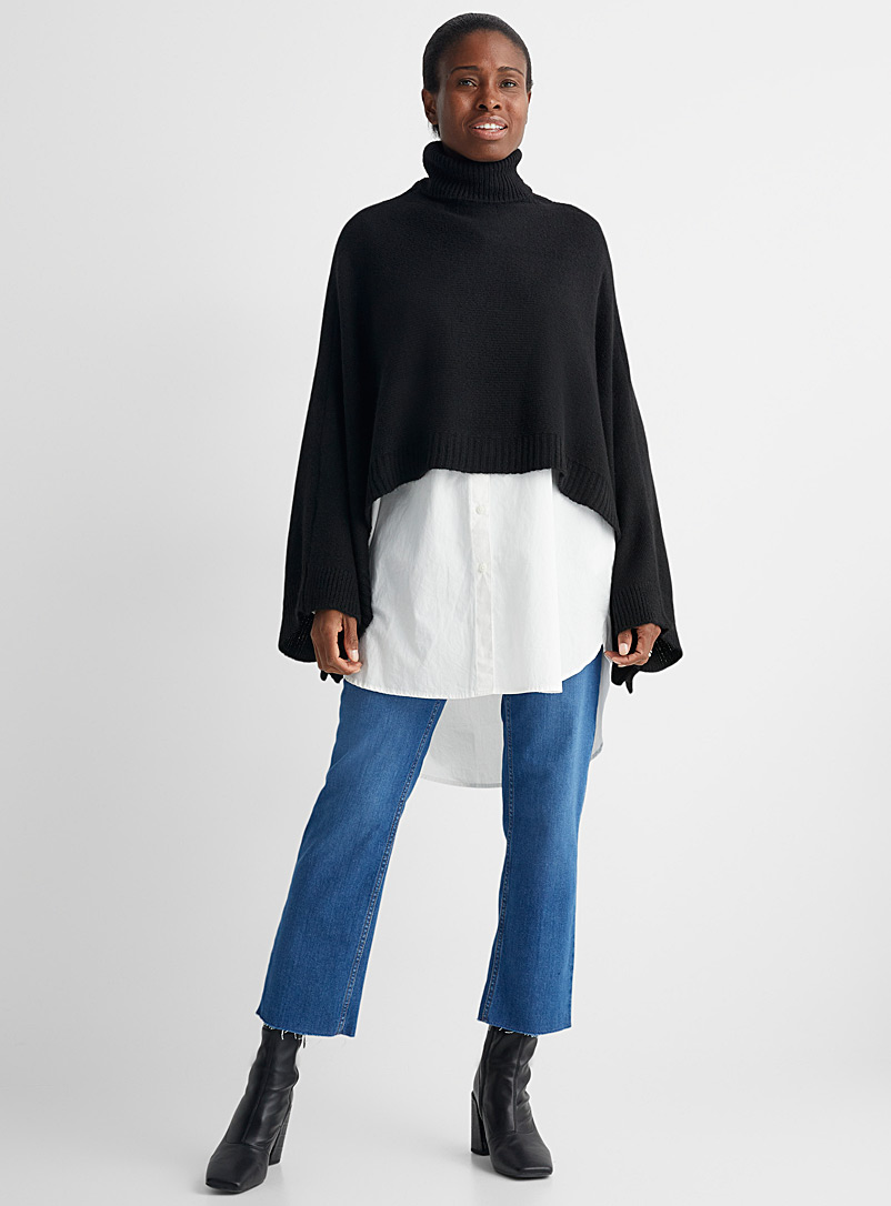 Contemporaine: Le poncho col roulé tricot souple Noir pour femme