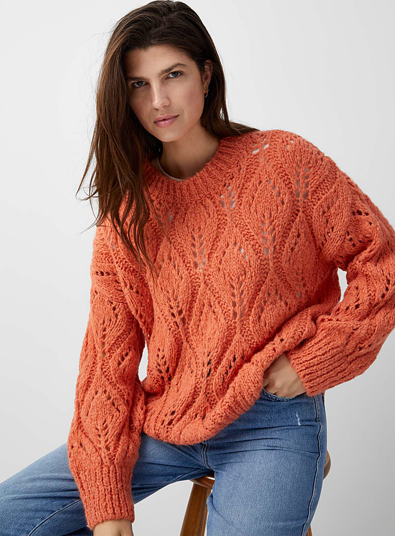 Contemporaine Medium Orange Diamond pattern openwork loose sweater for women