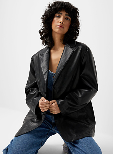 Twik Black Flap pockets faux-leather loose jacket for women