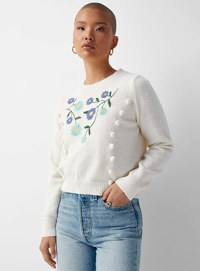 Twik Patterned White Flowers and pompoms sweater for women