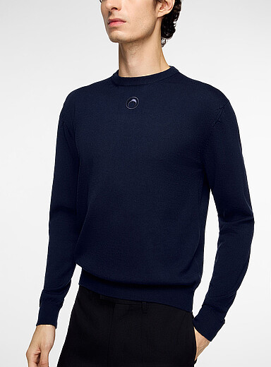 Marine Serre Navy Embroidered moon pure merino wool sweater for men
