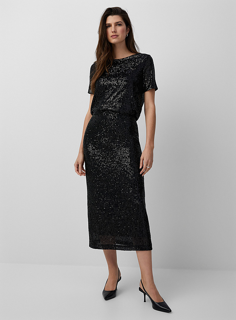 Contemporaine Black Shimmering sequins midi skirt for women