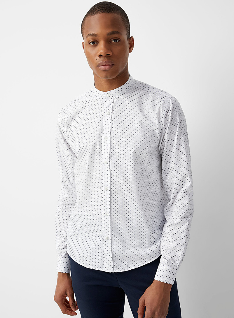 Le 31 Patterned White Mini geo pattern officer-collar shirt Modern fit for men