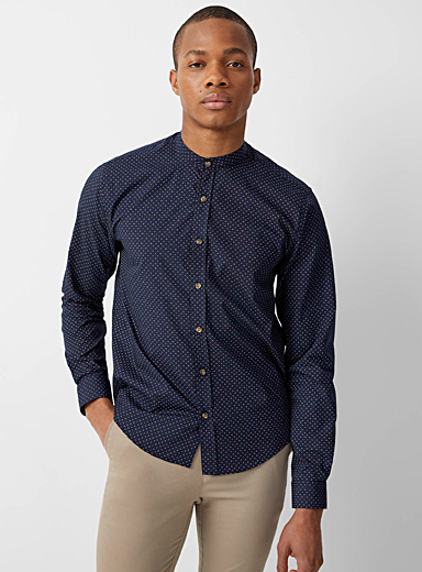 Le 31 Patterned Blue Mini geo pattern officer-collar shirt Modern fit for men