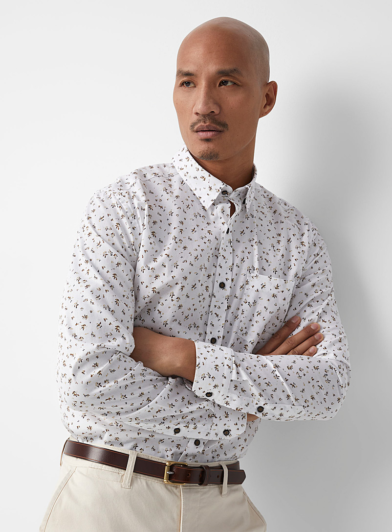 Le 31 Patterned White Abstract mini-flower shirt Modern fit for men