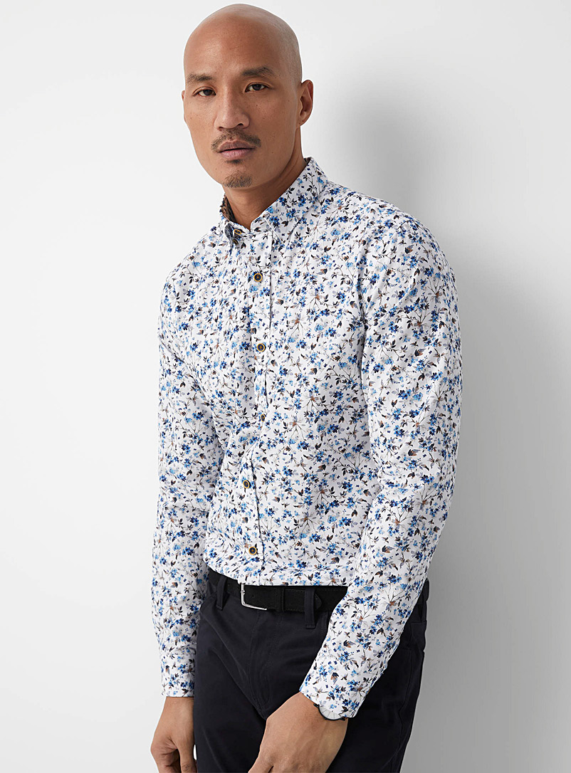 Le 31 Patterned Blue Blue floral shirt Modern fit for men