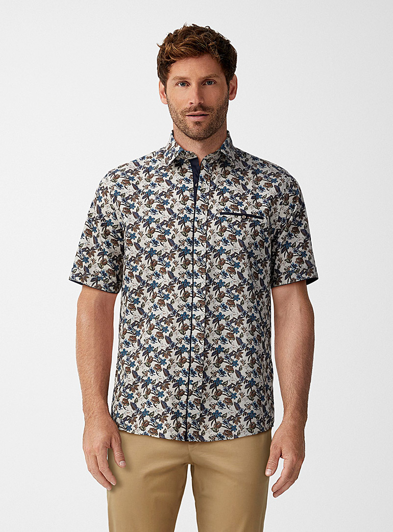 Le 31 Patterned Ecru Exotic flora shirt Modern fit for men