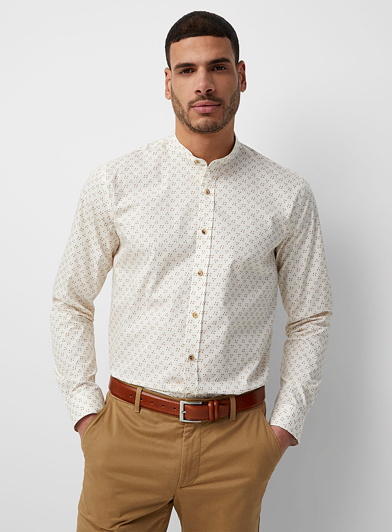 Le 31 Ivory White Mini-pattern officer-collar shirt Modern fit for men